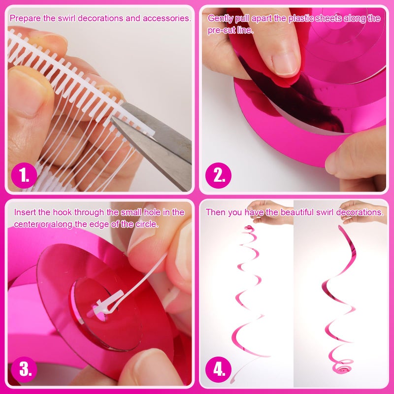 Fumwase 30 PCS Party Swirl Decorations Hot Pink Shinny Foil Hanging Swirl Decorations with Double-swirls and Single-swirls Plastic Streamer for Ceiling Plastic Metallic Streamer for Party Decorations - Image 3